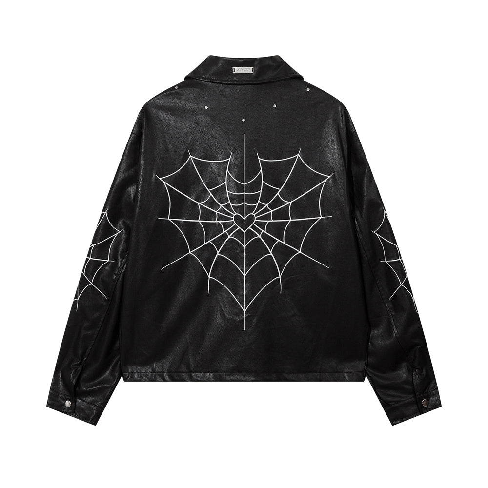 Lacezy - High Street Retro Spider Web Embroidery Leather Jacket- Streetwear Fashion - lacezy.com