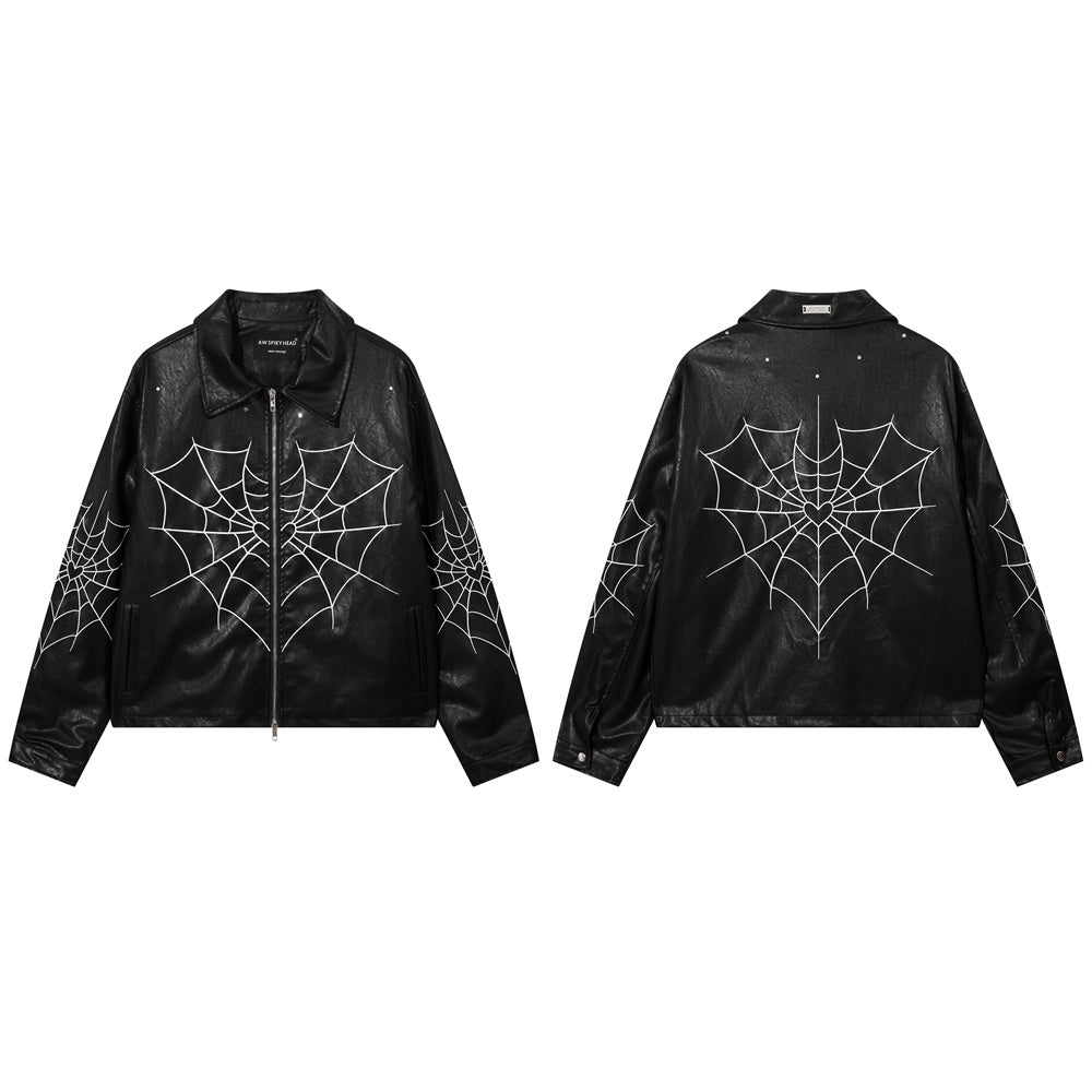 Lacezy - High Street Retro Spider Web Embroidery Leather Jacket- Streetwear Fashion - lacezy.com