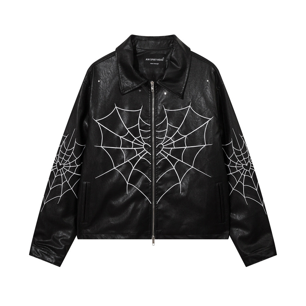 Lacezy - High Street Retro Spider Web Embroidery Leather Jacket- Streetwear Fashion - lacezy.com