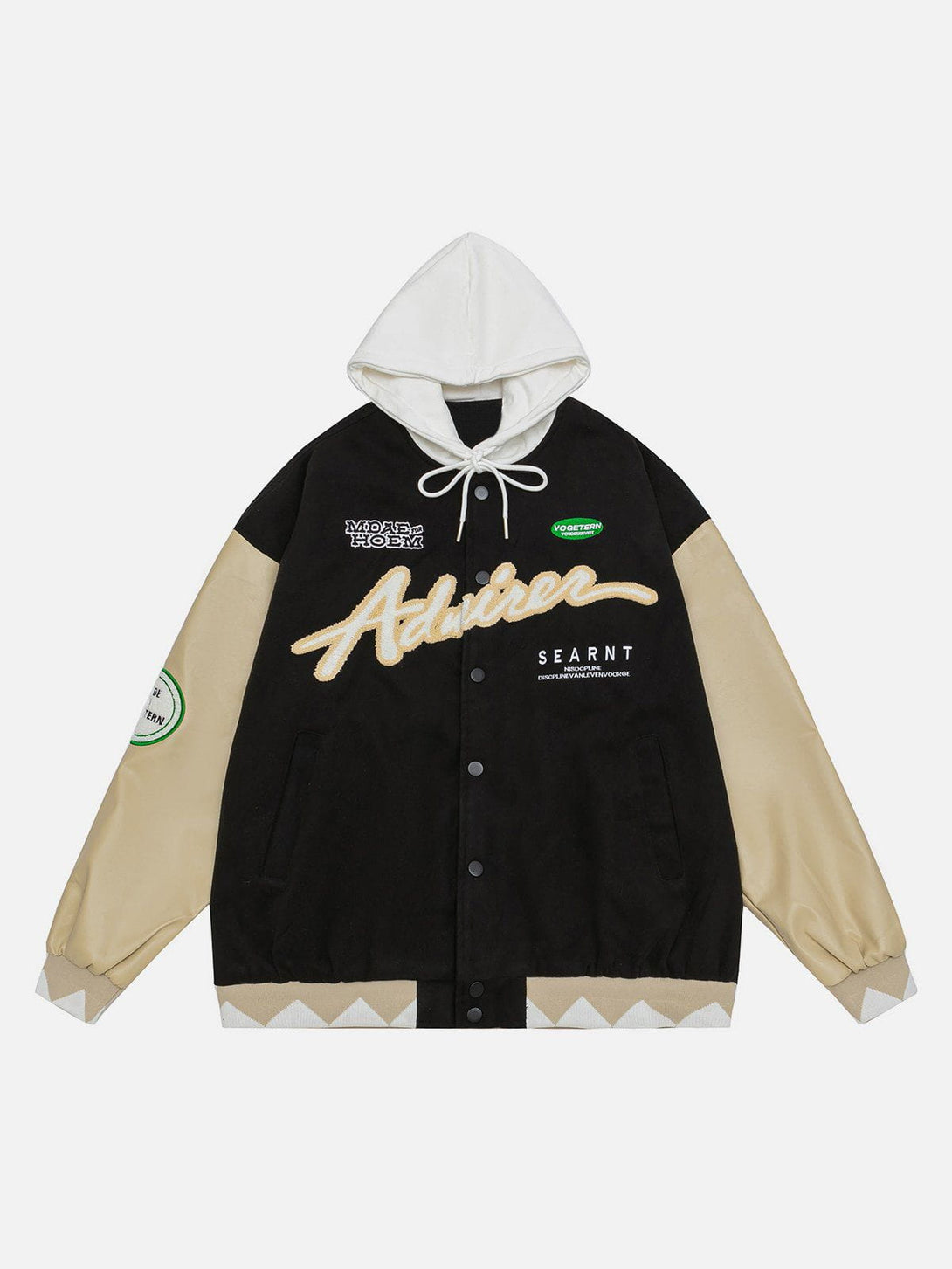 Lacezy - Hooded PU Splicing Varsity Jacket- Streetwear Fashion - lacezy.com