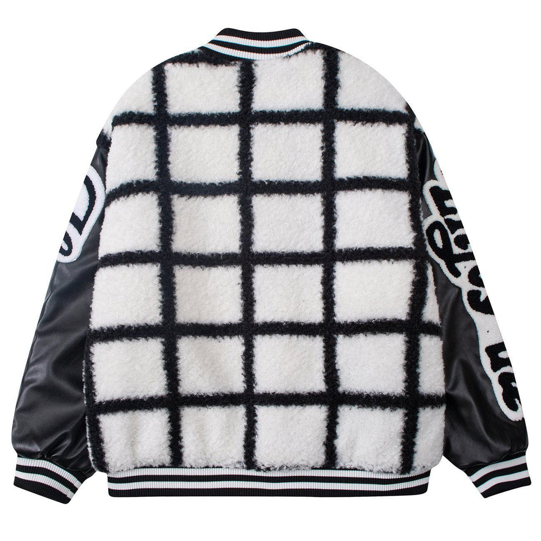 Lacezy - Large Check Embroidery Winter Coat- Streetwear Fashion - lacezy.com