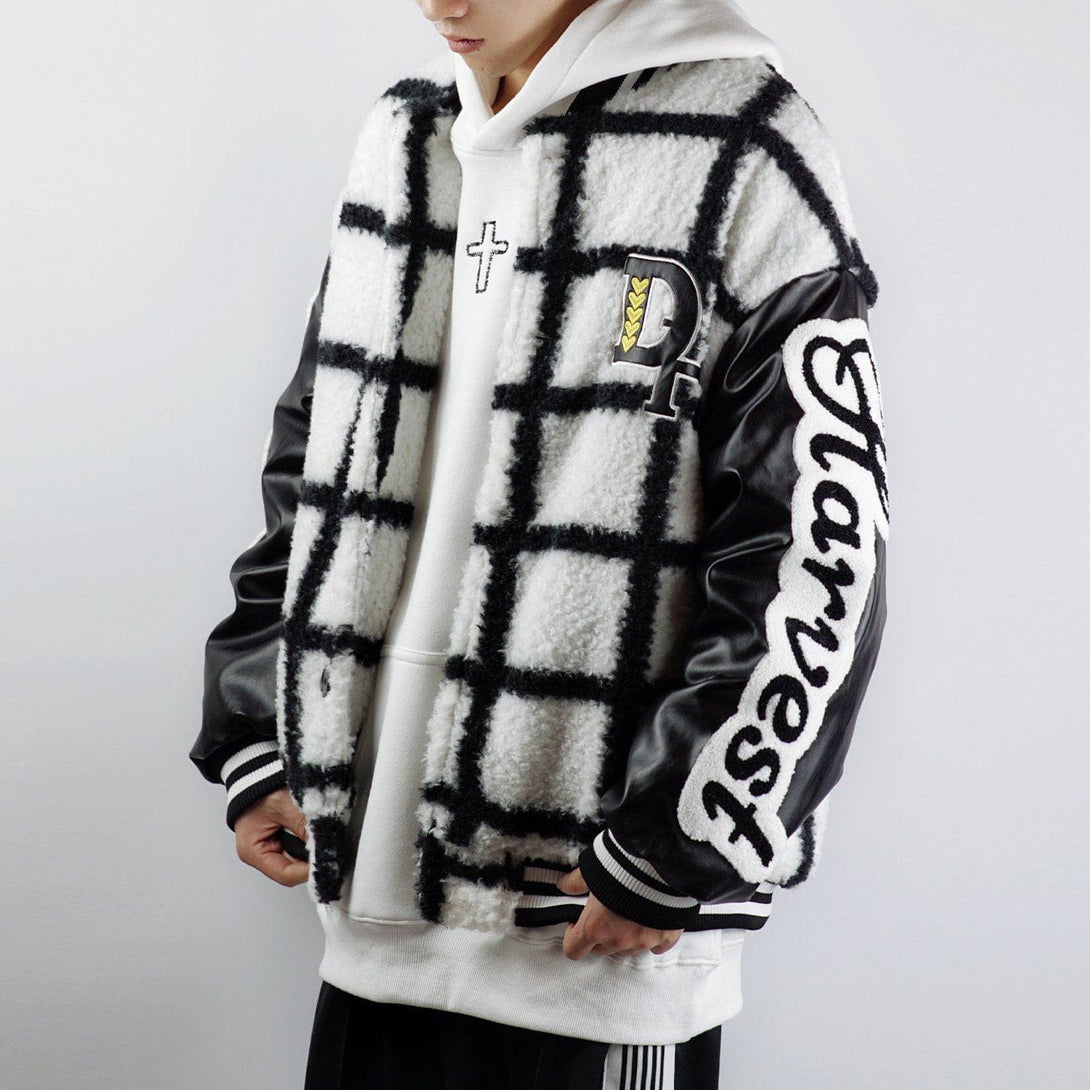 Lacezy - Large Check Embroidery Winter Coat- Streetwear Fashion - lacezy.com