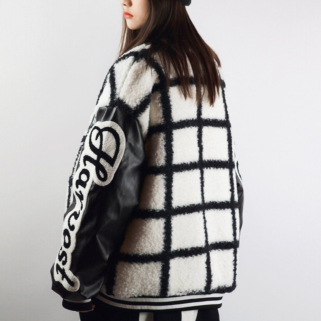 Lacezy - Large Check Embroidery Winter Coat- Streetwear Fashion - lacezy.com