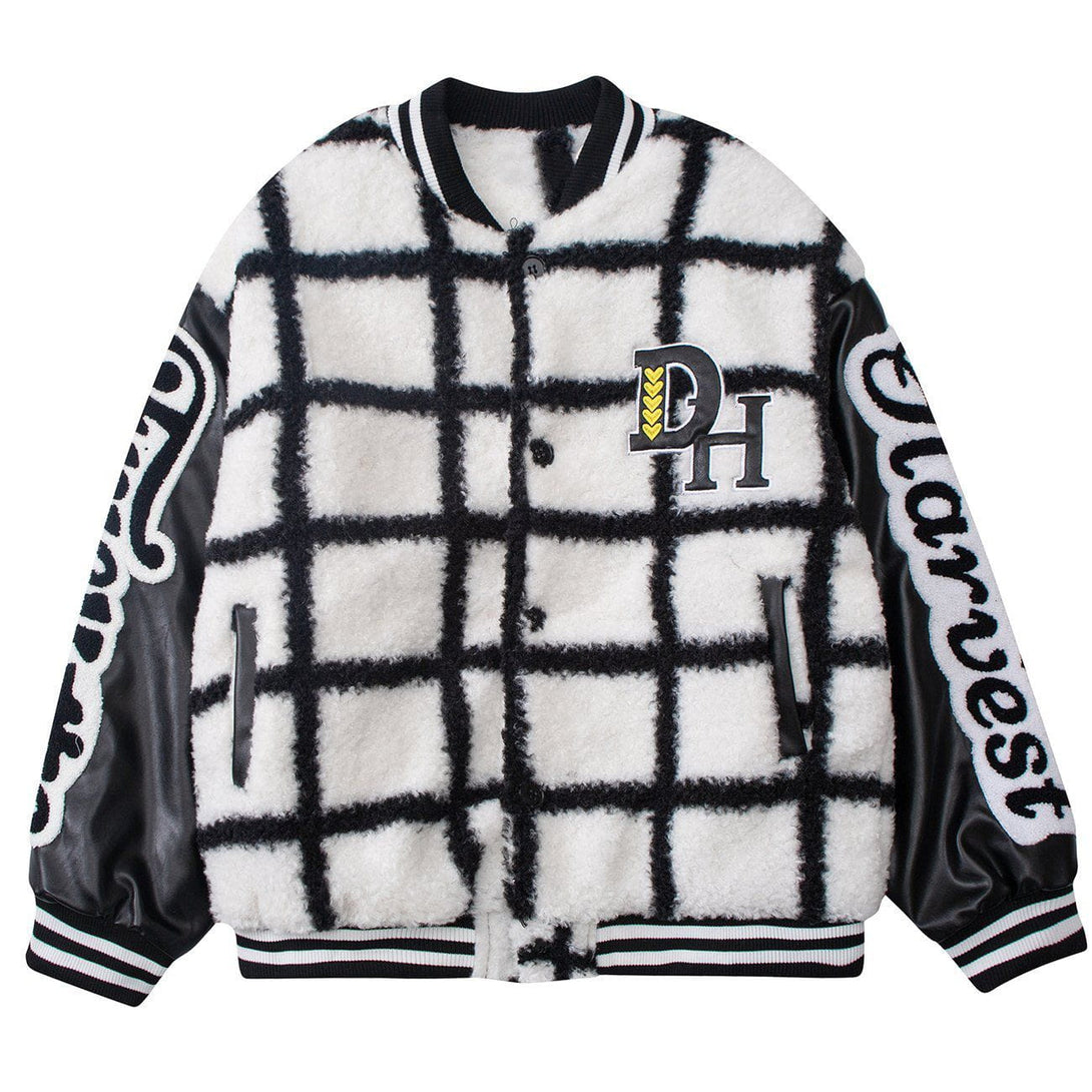 Lacezy - Large Check Embroidery Winter Coat- Streetwear Fashion - lacezy.com