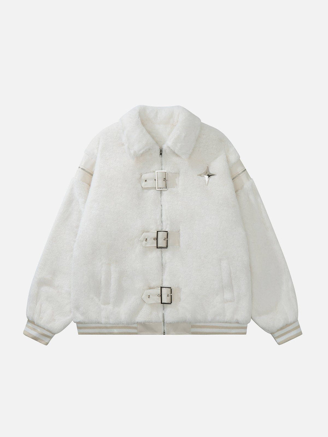 Lacezy - Leather Buckle Four Star Sherpa Coat- Streetwear Fashion - lacezy.com