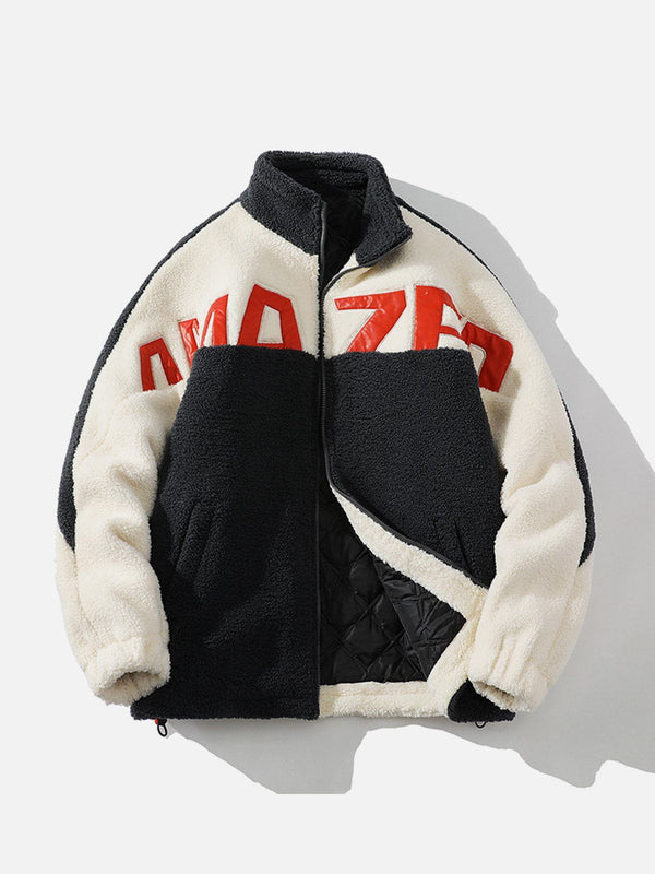 Lacezy - Leather Letters Patchwork Sherpa Coat- Streetwear Fashion - lacezy.com