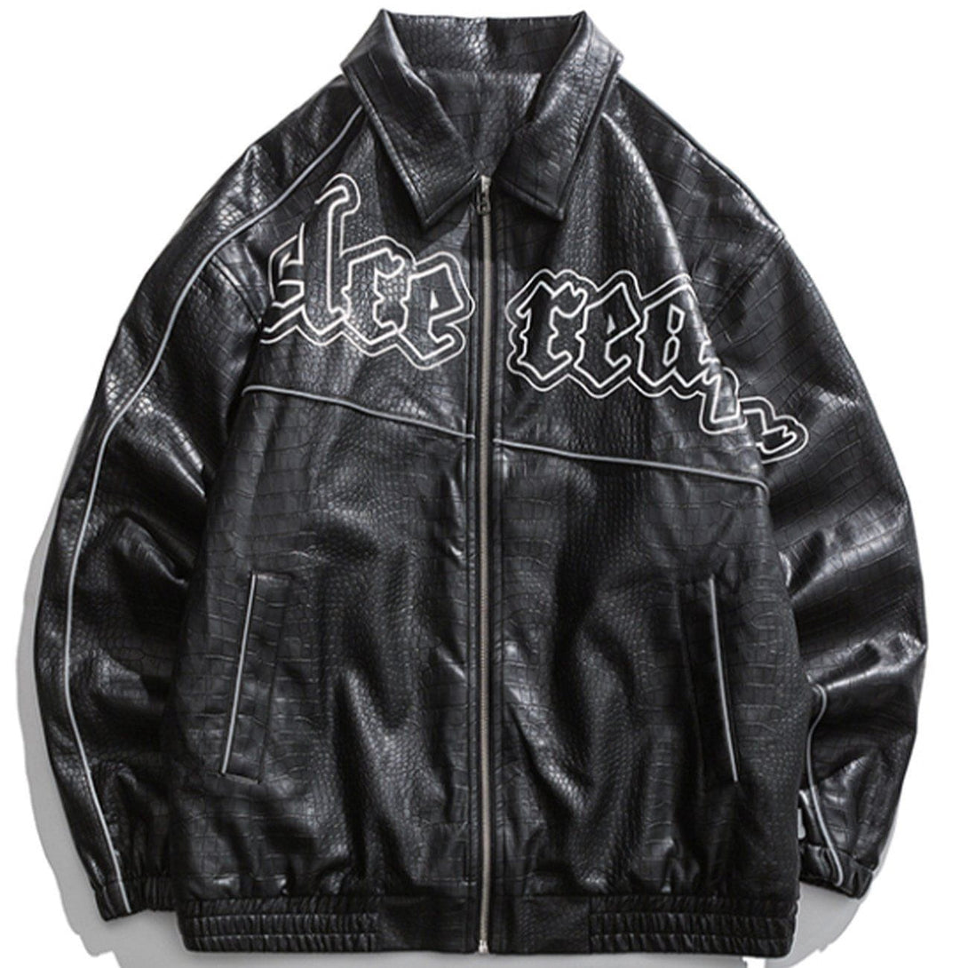 Lacezy - Letter Print Lapel PU Jacket- Streetwear Fashion - lacezy.com