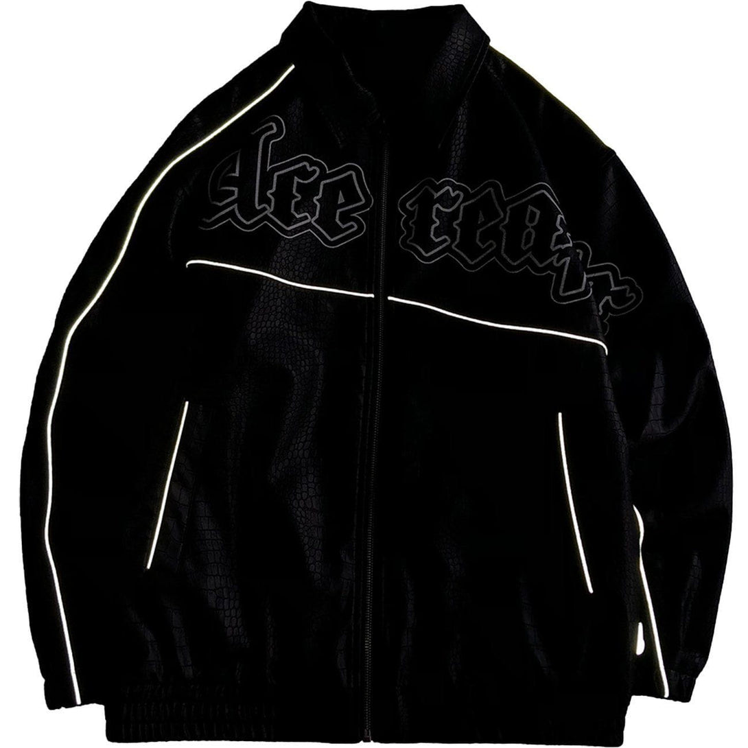 Lacezy - Letter Print Lapel PU Jacket- Streetwear Fashion - lacezy.com