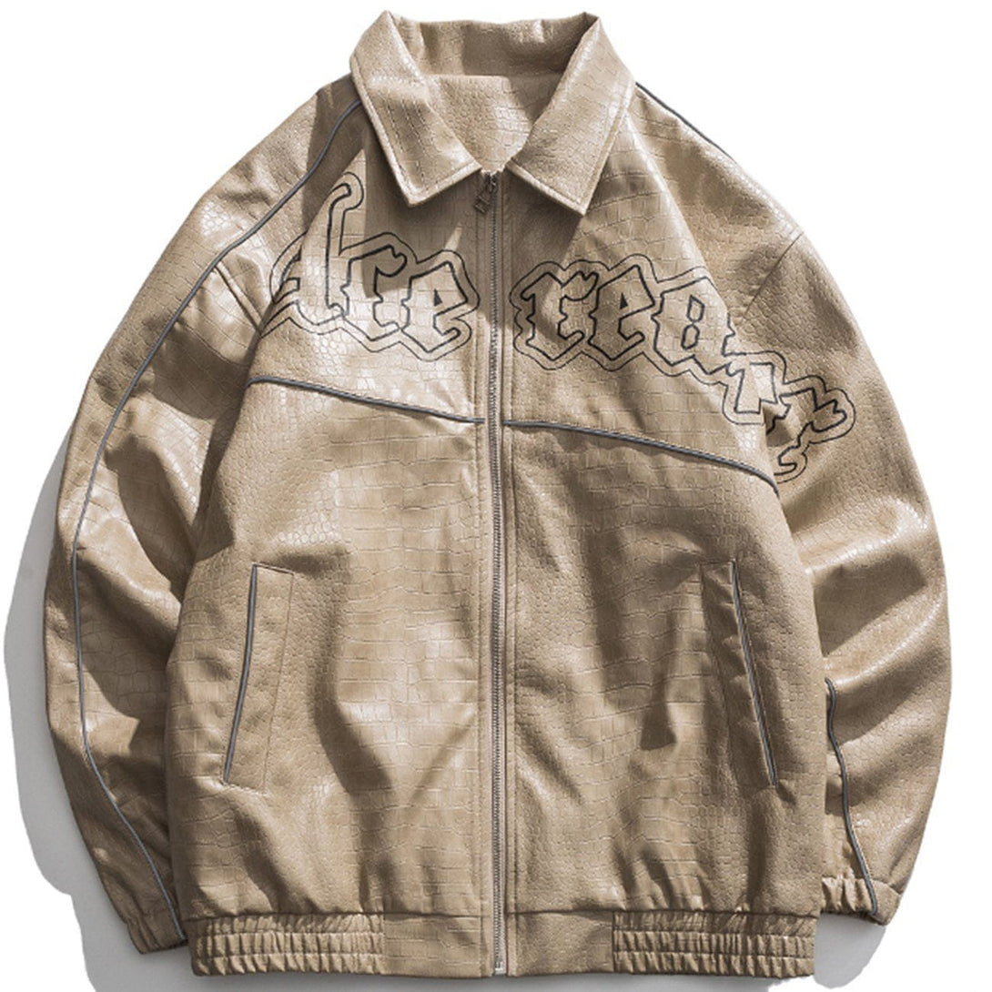 Lacezy - Letter Print Lapel PU Jacket- Streetwear Fashion - lacezy.com