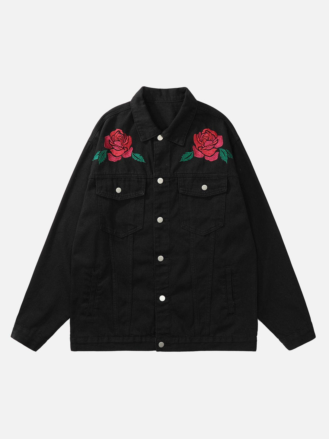 Lacezy - Letter Rose Button Denim Jacket- Streetwear Fashion - lacezy.com