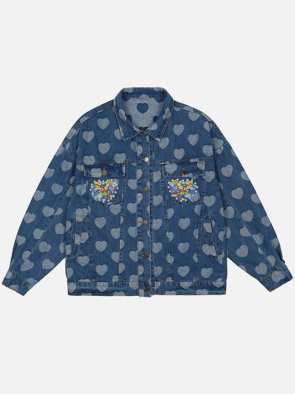 Lacezy - Love Embroidered Pocket Denim Jacket- Streetwear Fashion - lacezy.com