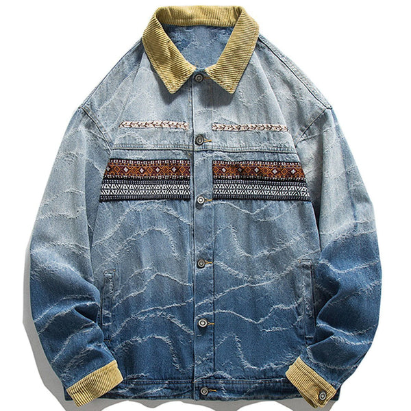 Lacezy - National Style Printing Gradient Denim Jacket- Streetwear Fashion - lacezy.com