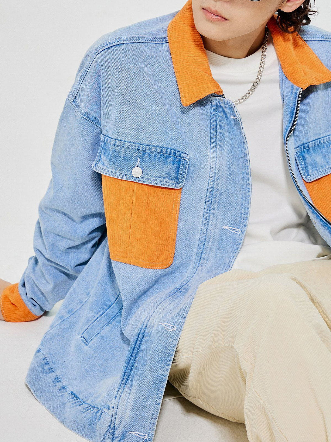 Lacezy - Orange Corduroy Patchwork Denim Jacket- Streetwear Fashion - lacezy.com