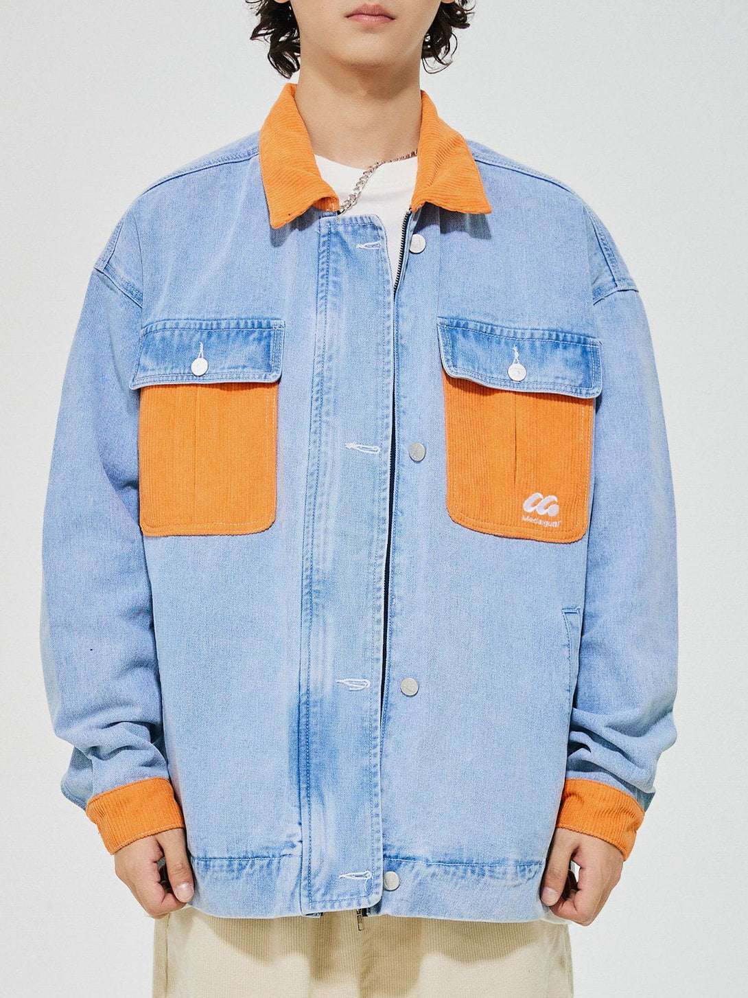 Lacezy - Orange Corduroy Patchwork Denim Jacket- Streetwear Fashion - lacezy.com