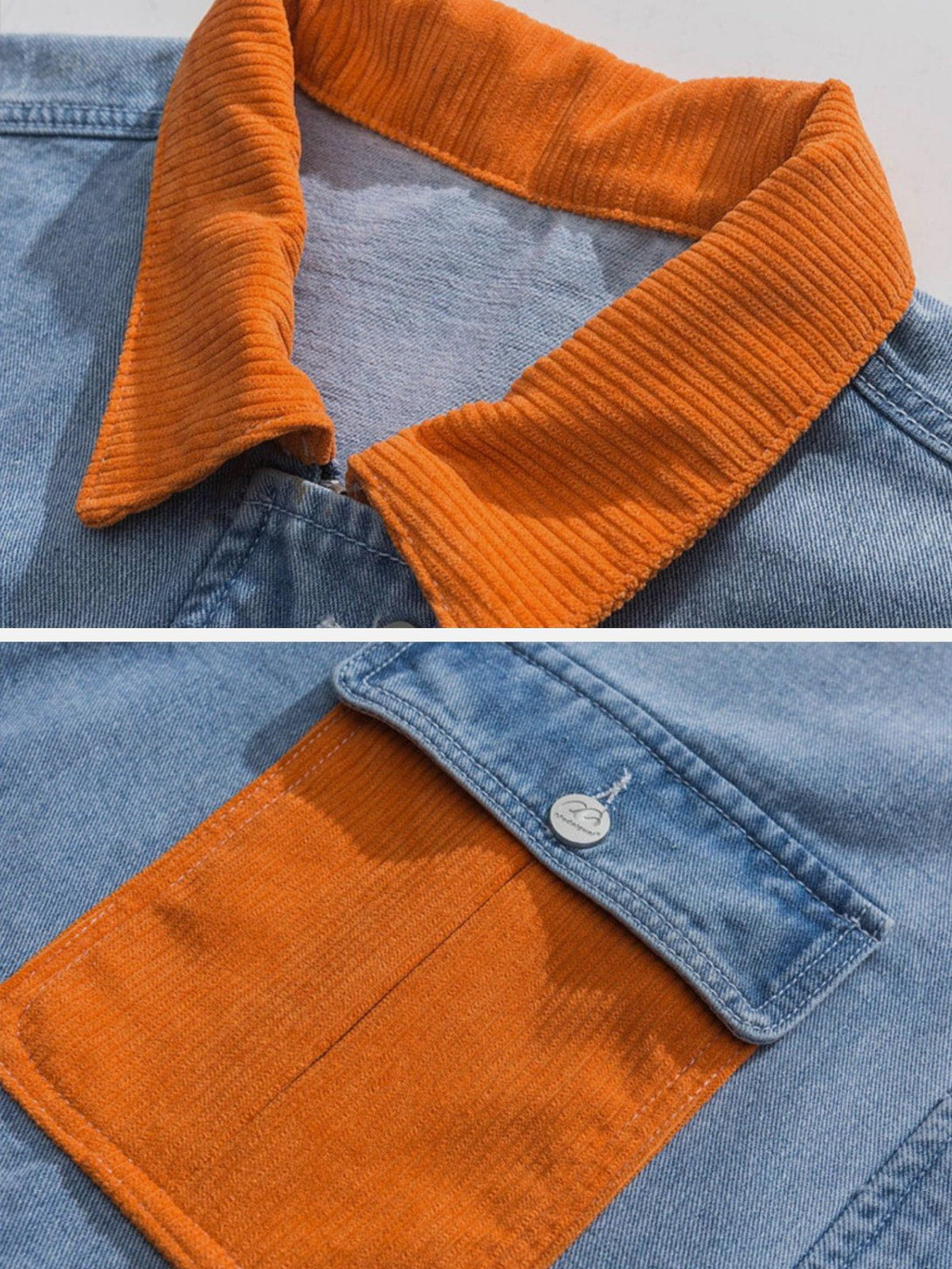 Lacezy - Orange Corduroy Patchwork Denim Jacket- Streetwear Fashion - lacezy.com