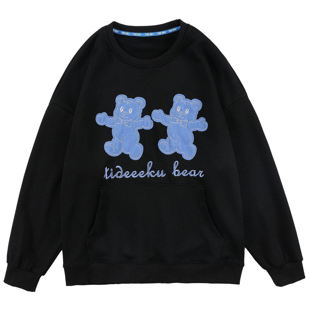 Lacezy - Patch Denim Bear Sweatshirt- Streetwear Fashion - lacezy.com