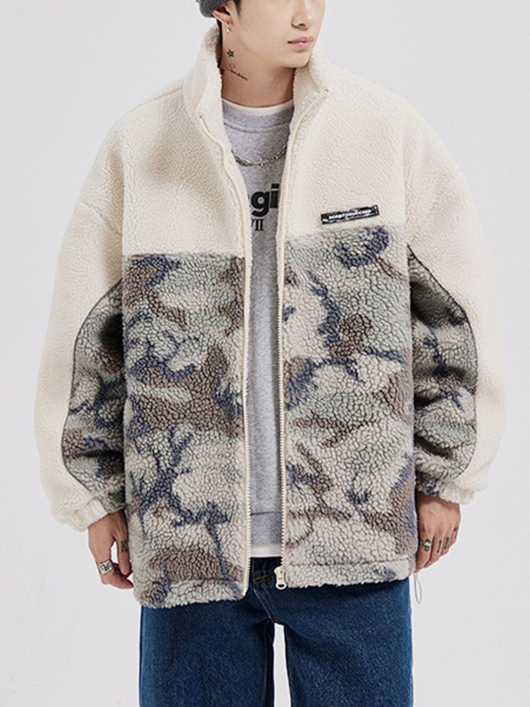 Lacezy - Patchwork Camouflage Sherpa Coat- Streetwear Fashion - lacezy.com