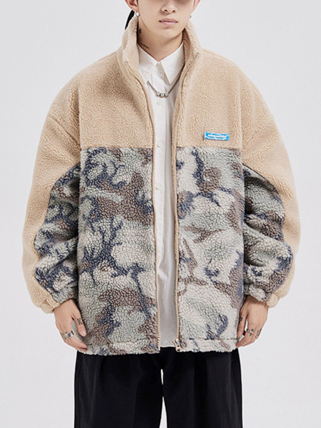 Lacezy - Patchwork Camouflage Sherpa Coat- Streetwear Fashion - lacezy.com