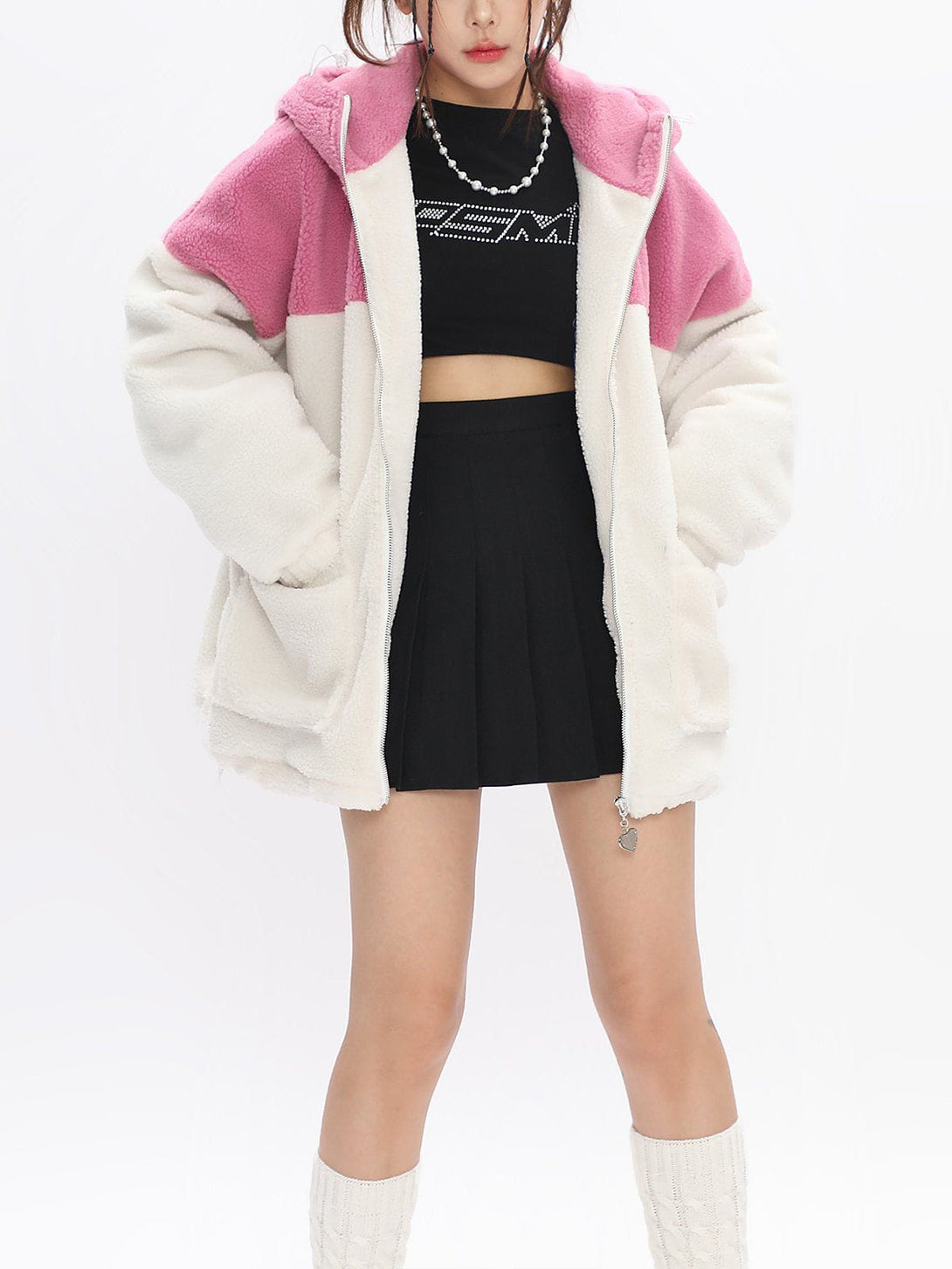 Lacezy - Patchwork Pointed Ears Sherpa Jacket- Streetwear Fashion - lacezy.com