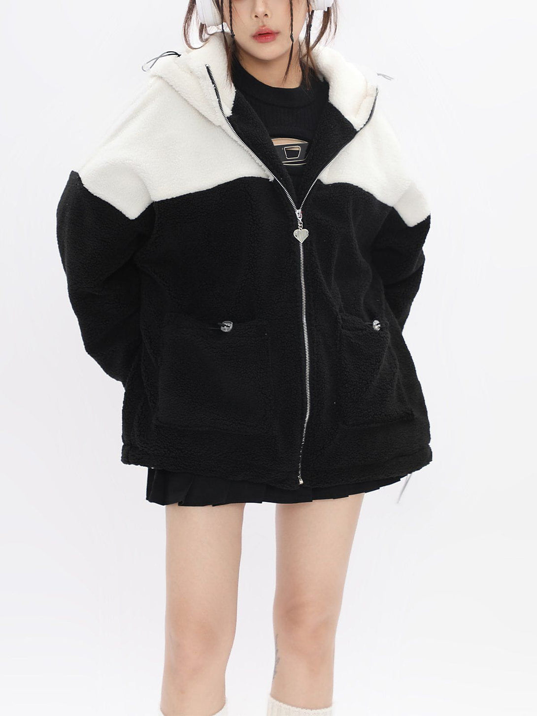 Lacezy - Patchwork Pointed Ears Sherpa Jacket- Streetwear Fashion - lacezy.com