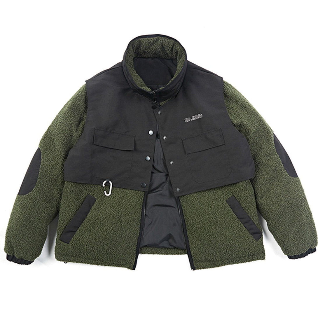 Lacezy - Pocket Splicing Sherpa Winter Coat- Streetwear Fashion - lacezy.com