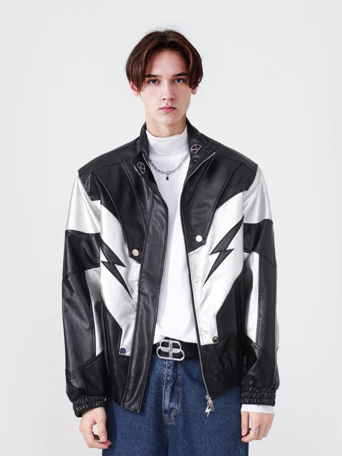 Lacezy - Racing Contrast Panel Lightning Leather Jacket- Streetwear Fashion - lacezy.com