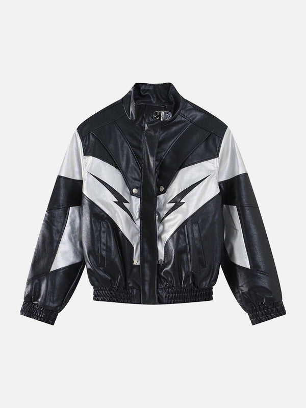 Lacezy - Racing Contrast Panel Lightning Leather Jacket- Streetwear Fashion - lacezy.com