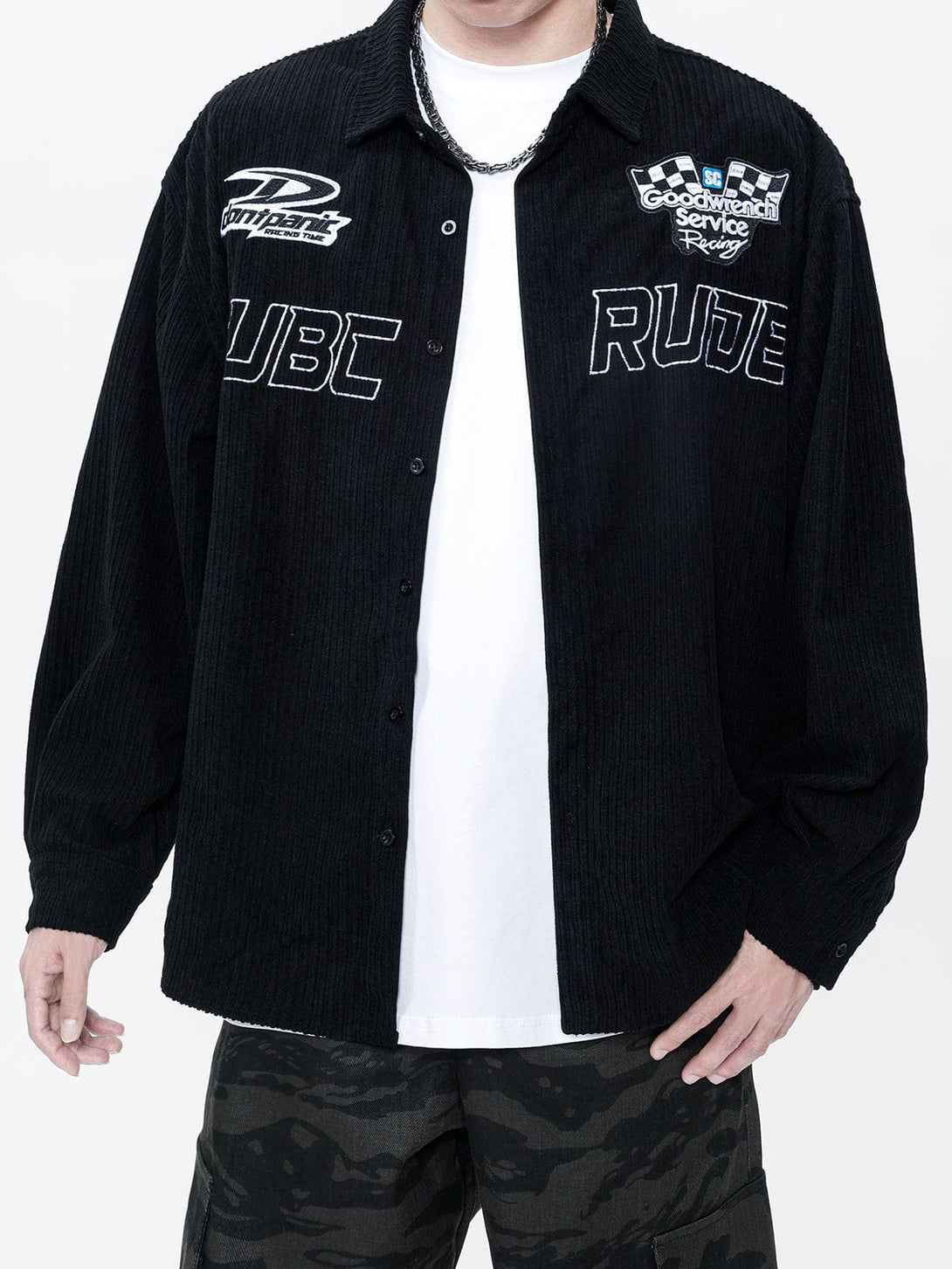 Lacezy - Racing Embroidered Corduroy Shacket- Streetwear Fashion - lacezy.com