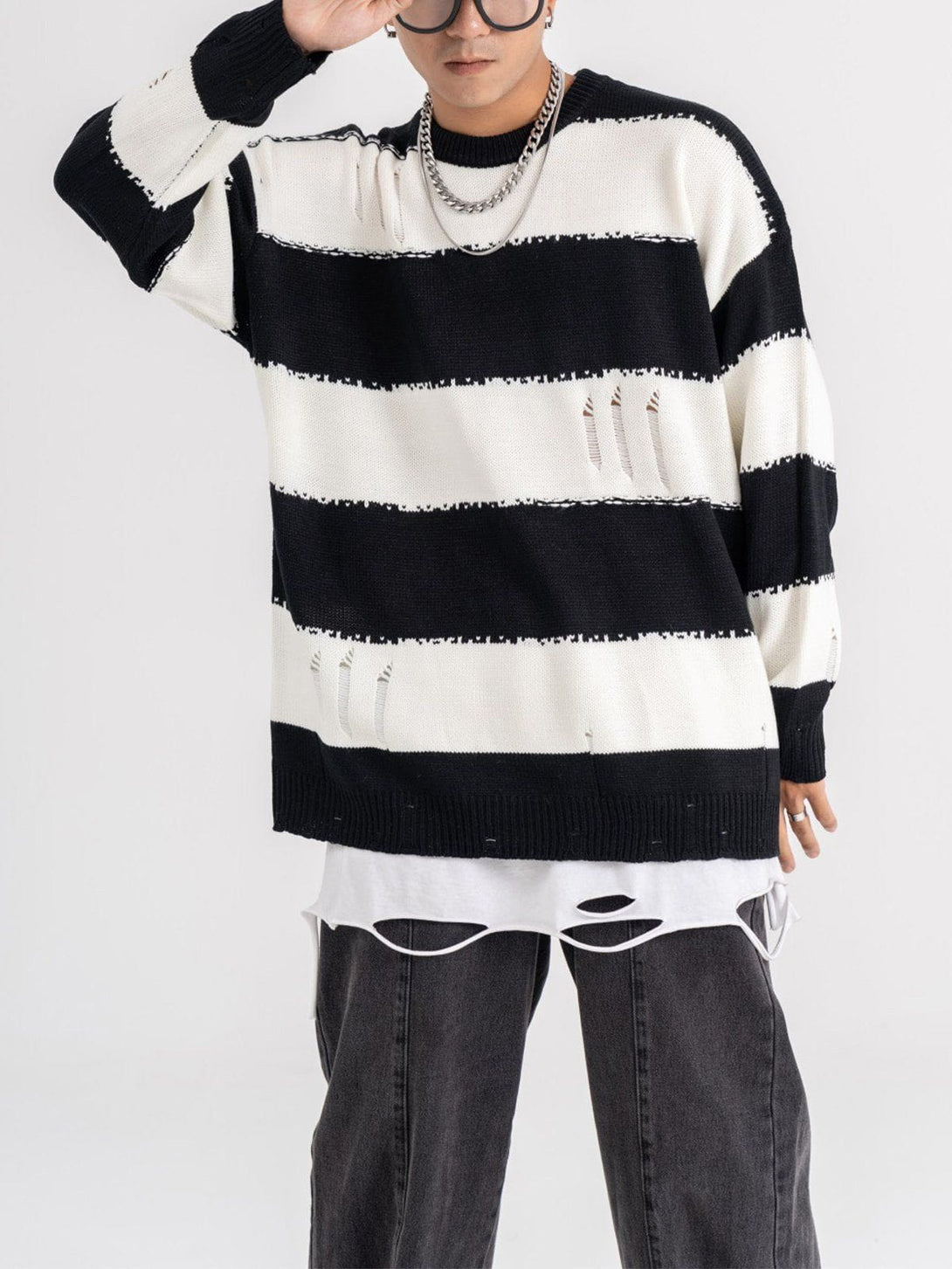 Lacezy - Ripped Stripes Jacquard Knit Sweater- Streetwear Fashion - lacezy.com