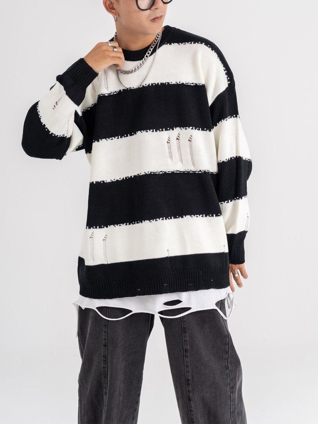 Lacezy - Ripped Stripes Jacquard Knit Sweater- Streetwear Fashion - lacezy.com