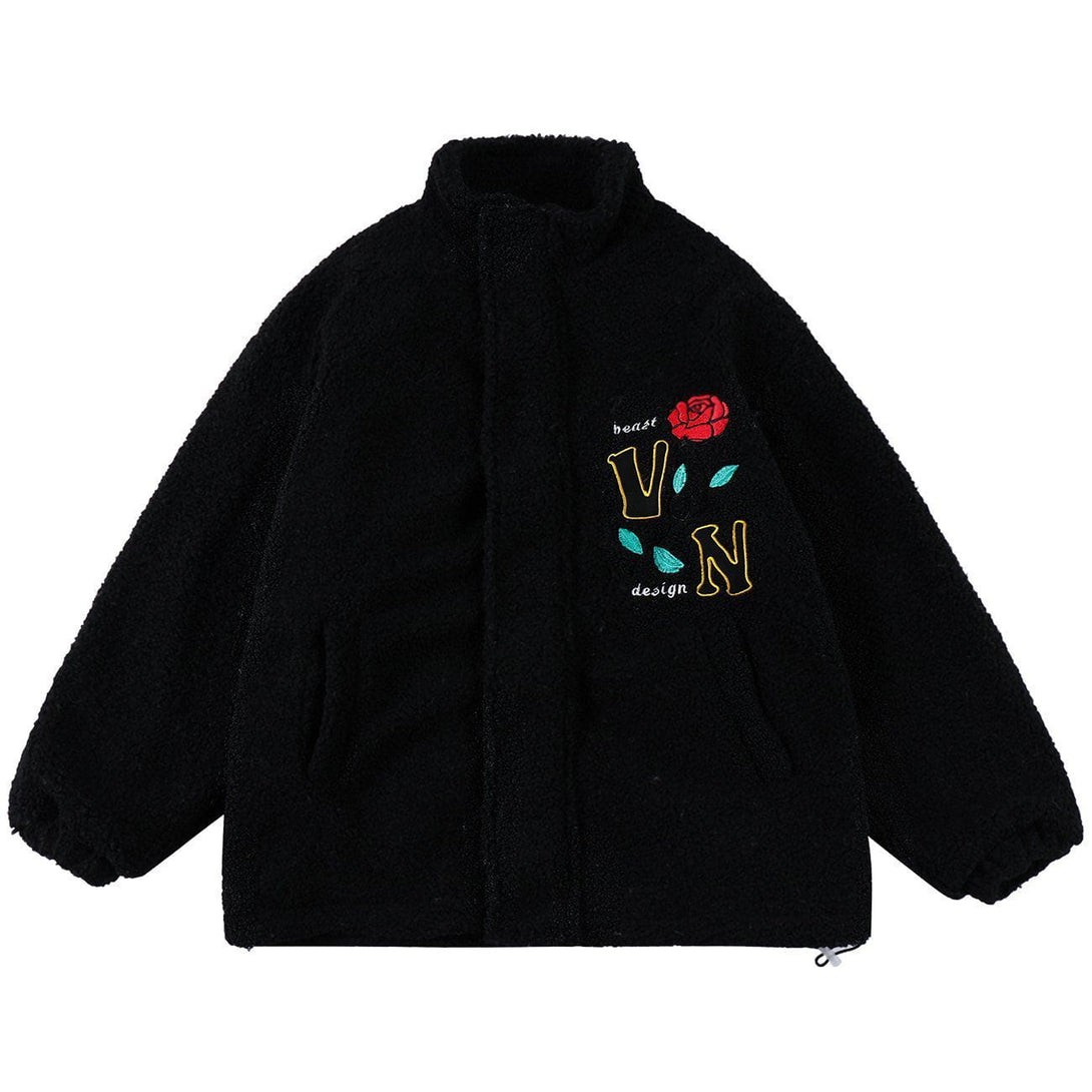 Lacezy - Rose Embroidered Sherpa Winter Coat- Streetwear Fashion - lacezy.com