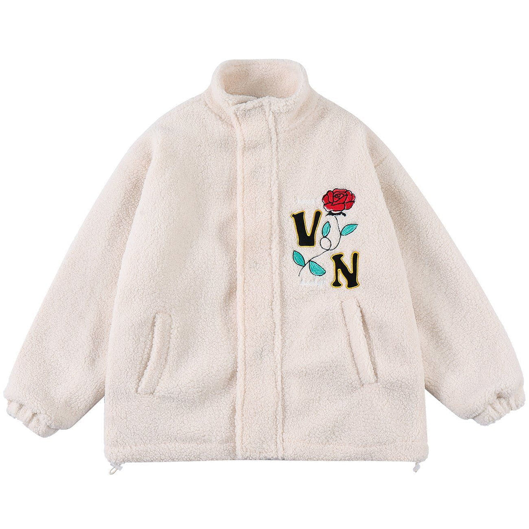 Lacezy - Rose Embroidered Sherpa Winter Coat- Streetwear Fashion - lacezy.com