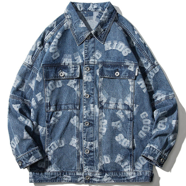 Lacezy - Round Letters Print Denim Jacket- Streetwear Fashion - lacezy.com