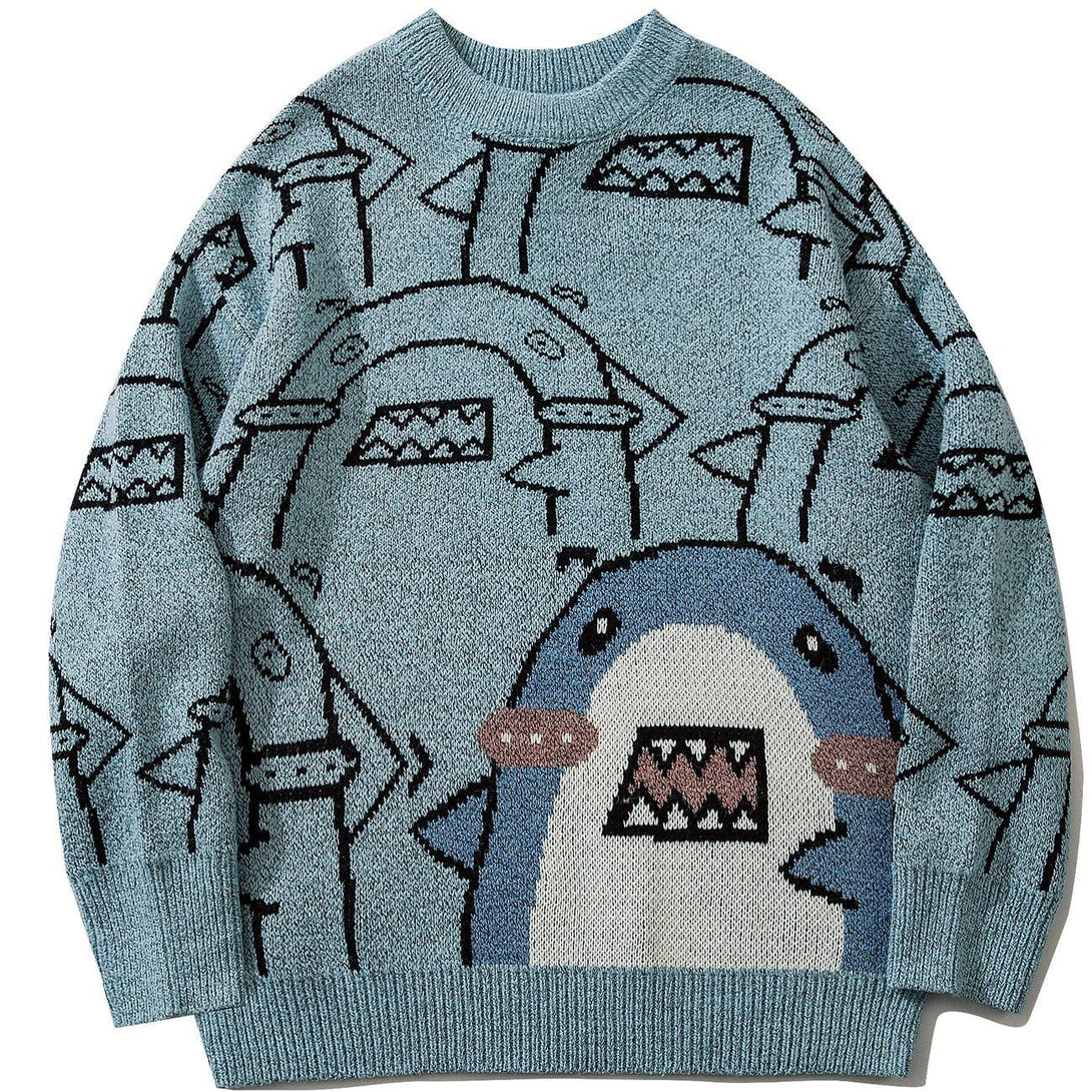 Lacezy - Shark Print Knit Sweater- Streetwear Fashion - lacezy.com