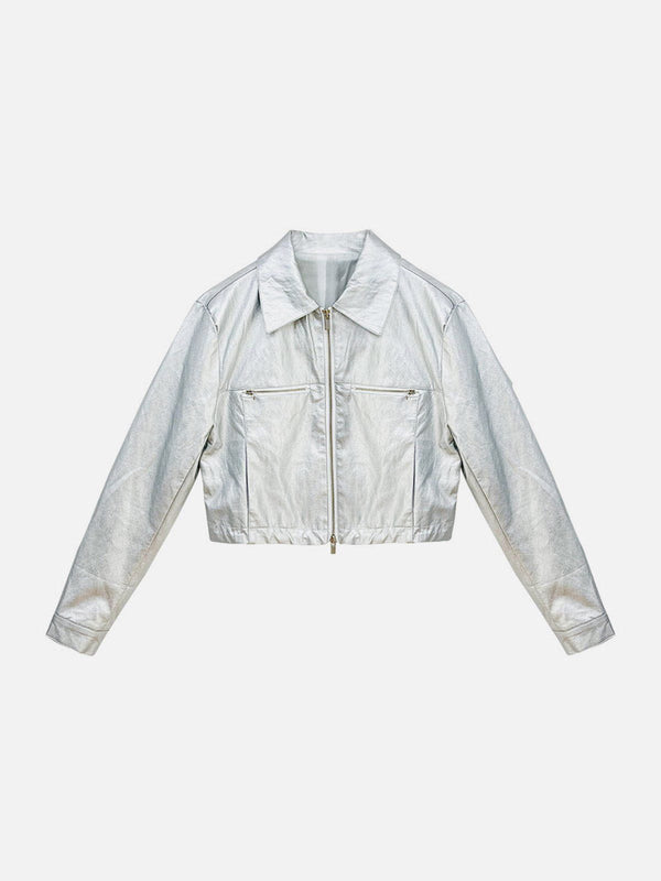 Lacezy - Shiny Silver Cropped Jacket- Streetwear Fashion - lacezy.com