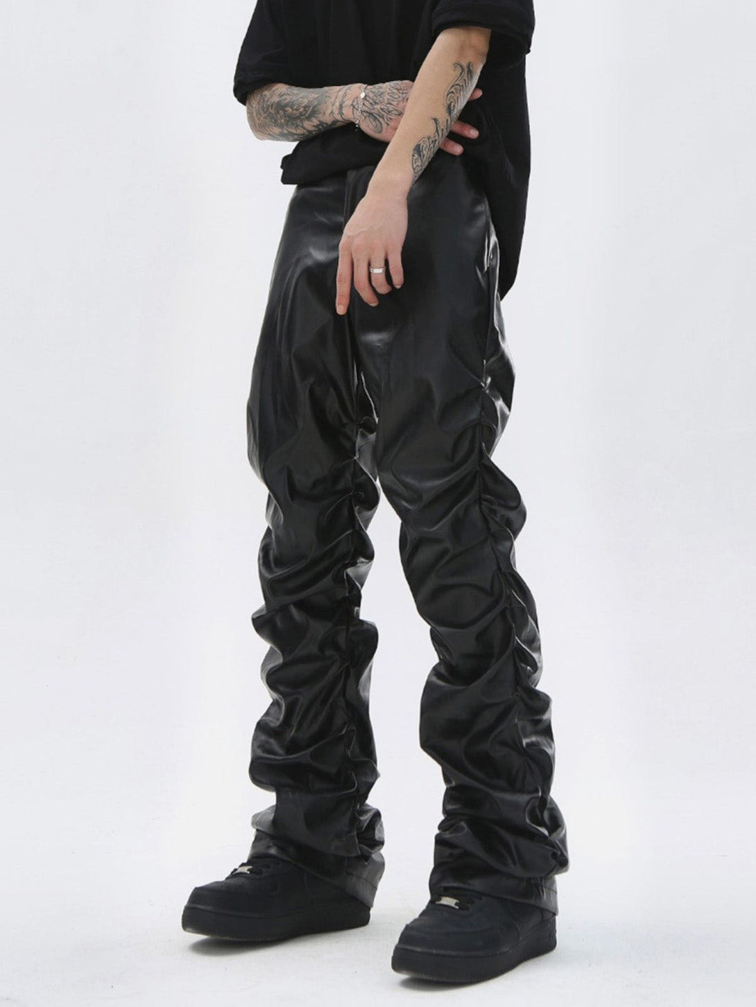 Lacezy - Solid Crinkled PU Pants- Streetwear Fashion - lacezy.com