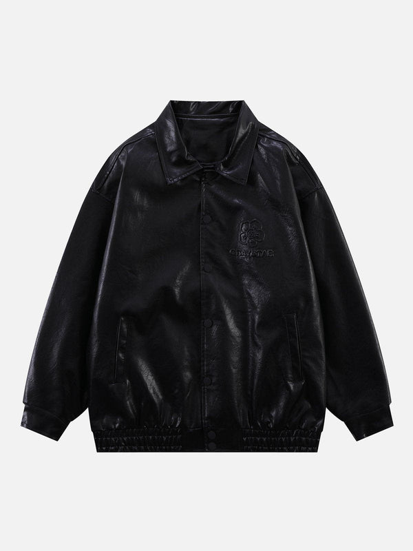 Lacezy - Solid Embossed Print Leather Jacket- Streetwear Fashion - lacezy.com