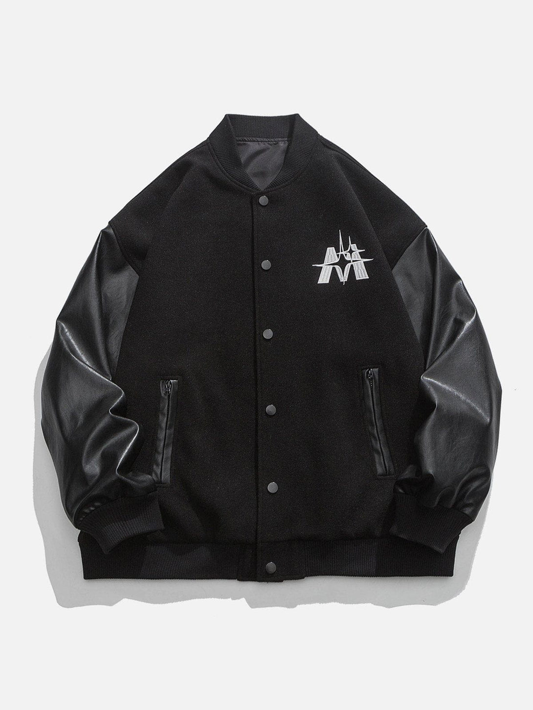 Lacezy - Solid Leather Sleeves Varsity Jacket- Streetwear Fashion - lacezy.com