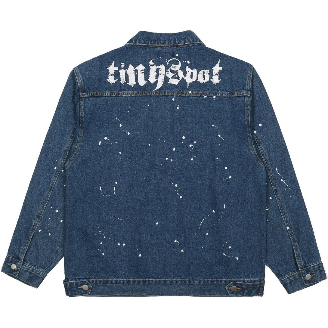 Lacezy - Splash Ink Broken Letters Print Denim Jacket- Streetwear Fashion - lacezy.com