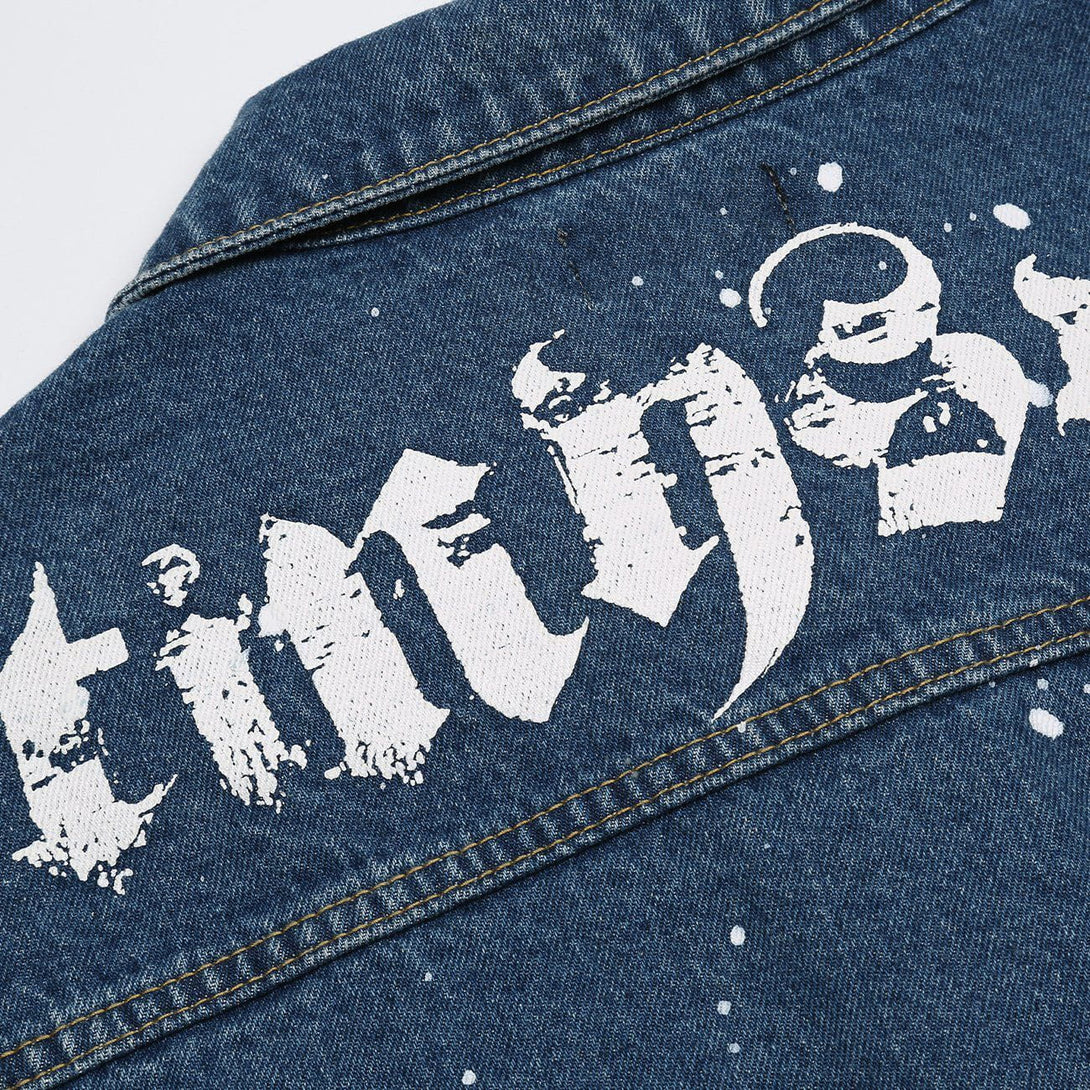 Lacezy - Splash Ink Broken Letters Print Denim Jacket- Streetwear Fashion - lacezy.com