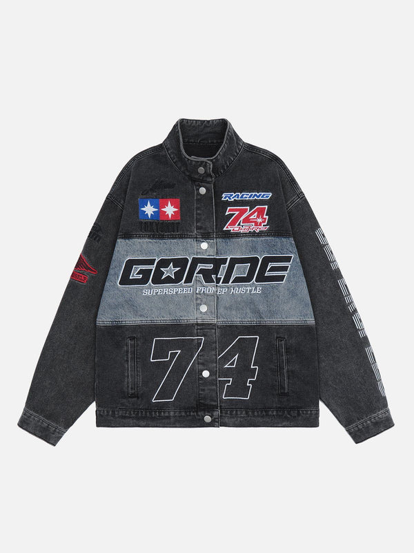 Lacezy - Splicing Racing Denim Jacket- Streetwear Fashion - lacezy.com