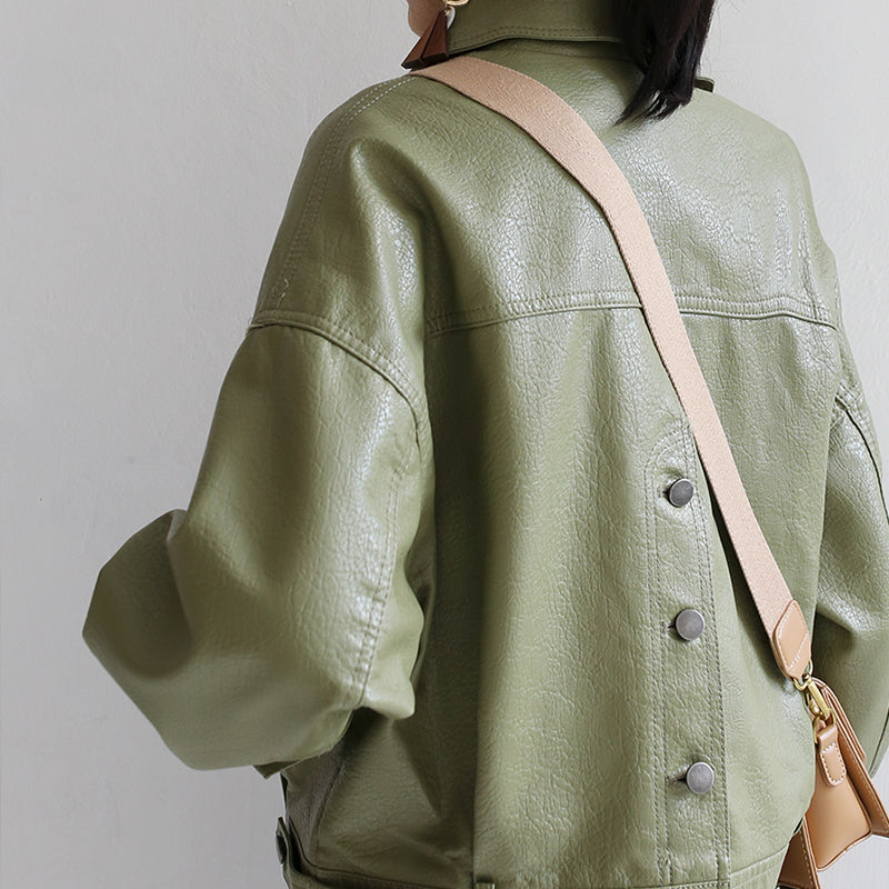 Lacezy - Spring Autumn Green Leather Jacket- Streetwear Fashion - lacezy.com