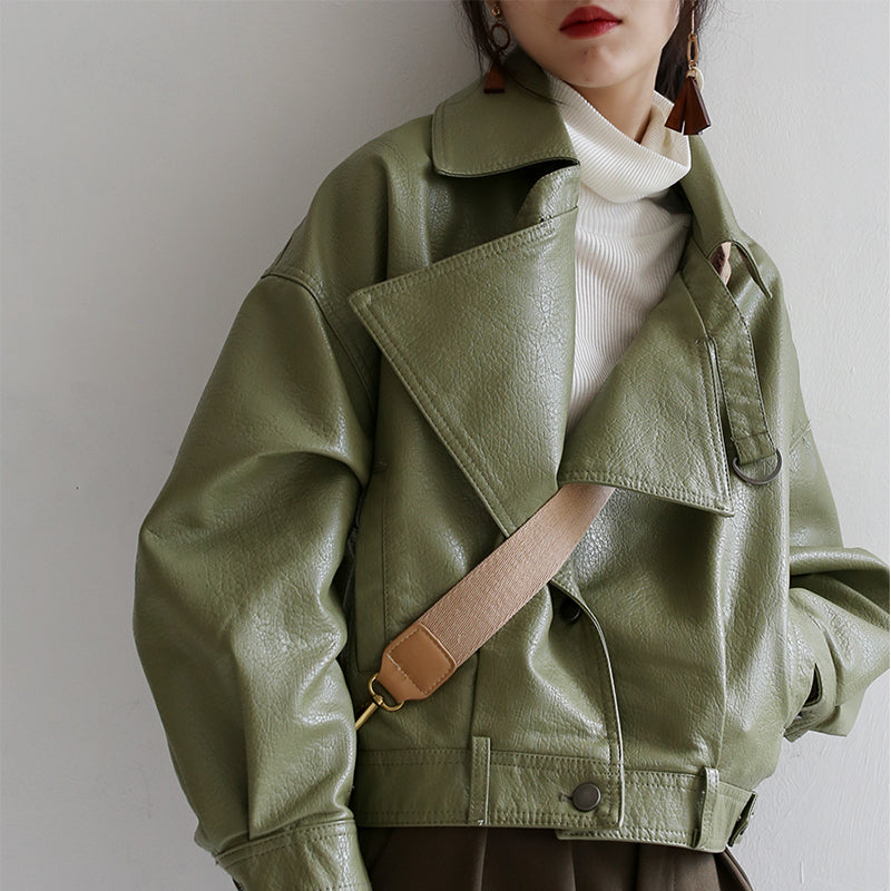 Lacezy - Spring Autumn Green Leather Jacket- Streetwear Fashion - lacezy.com