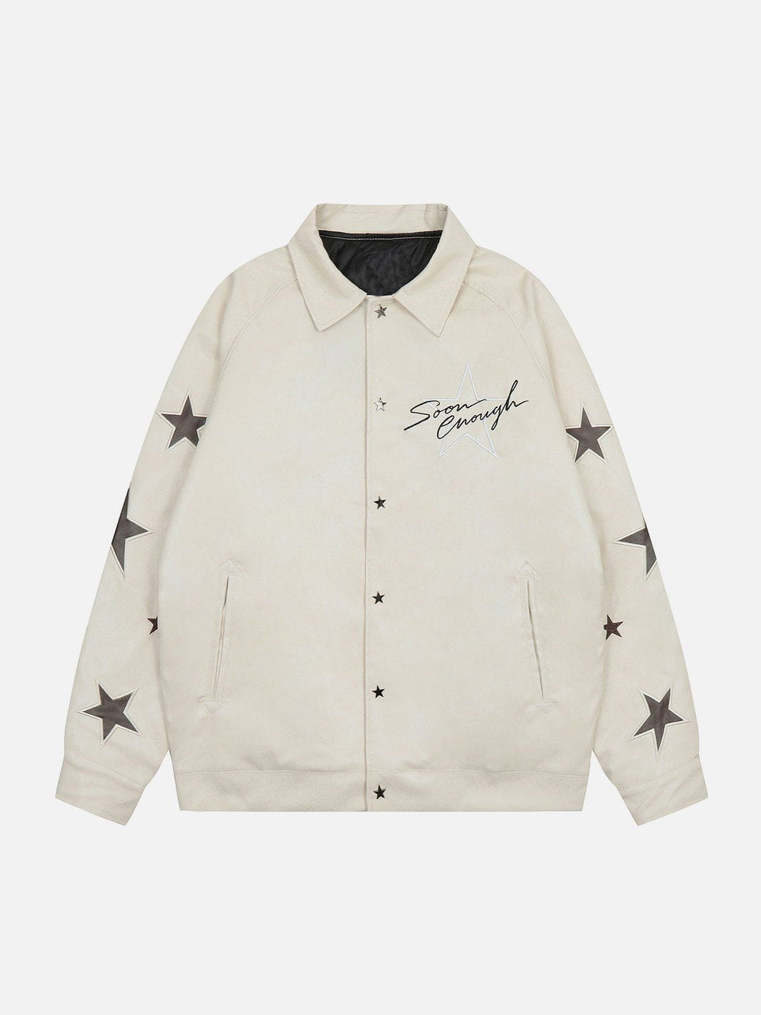 Lacezy - Star Embroidery Leather Jacket- Streetwear Fashion - lacezy.com