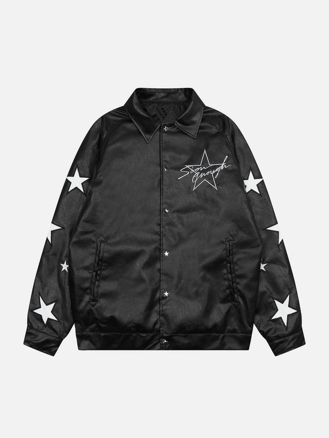 Lacezy - Star Embroidery Leather Jacket- Streetwear Fashion - lacezy.com