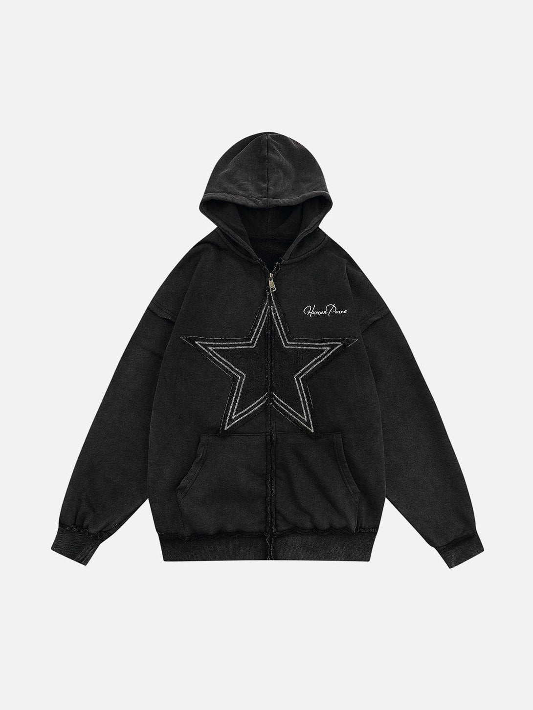 Lacezy - Star Washed Zip-up Hoodie- Streetwear Fashion - lacezy.com