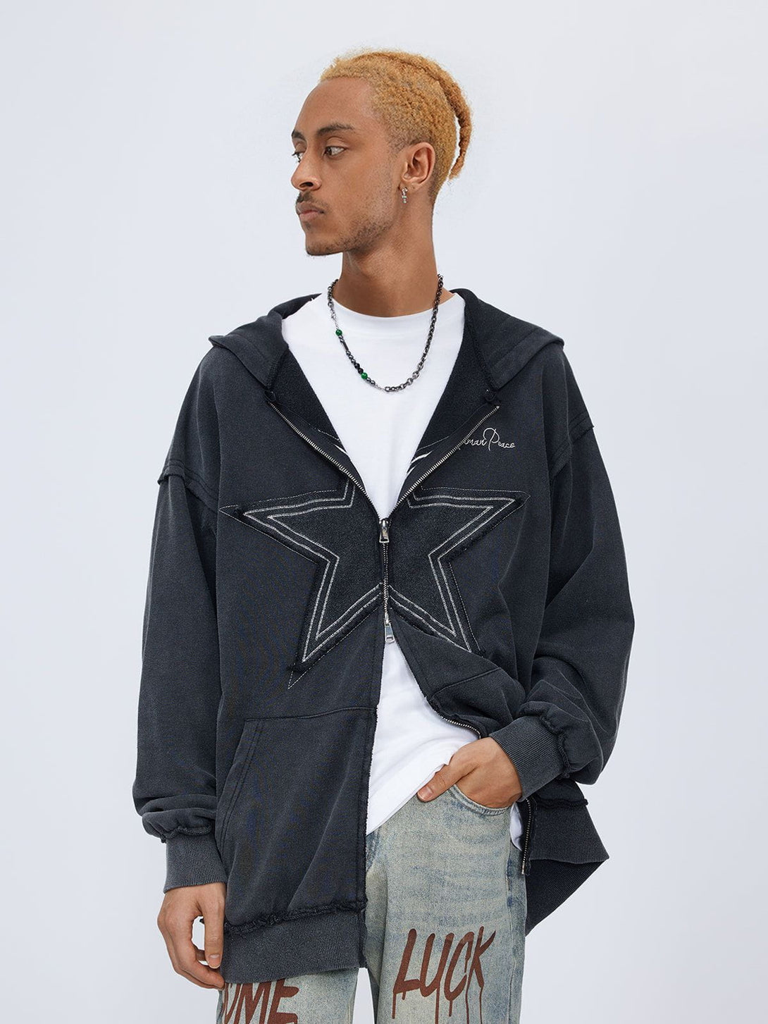 Lacezy - Star Washed Zip-up Hoodie- Streetwear Fashion - lacezy.com