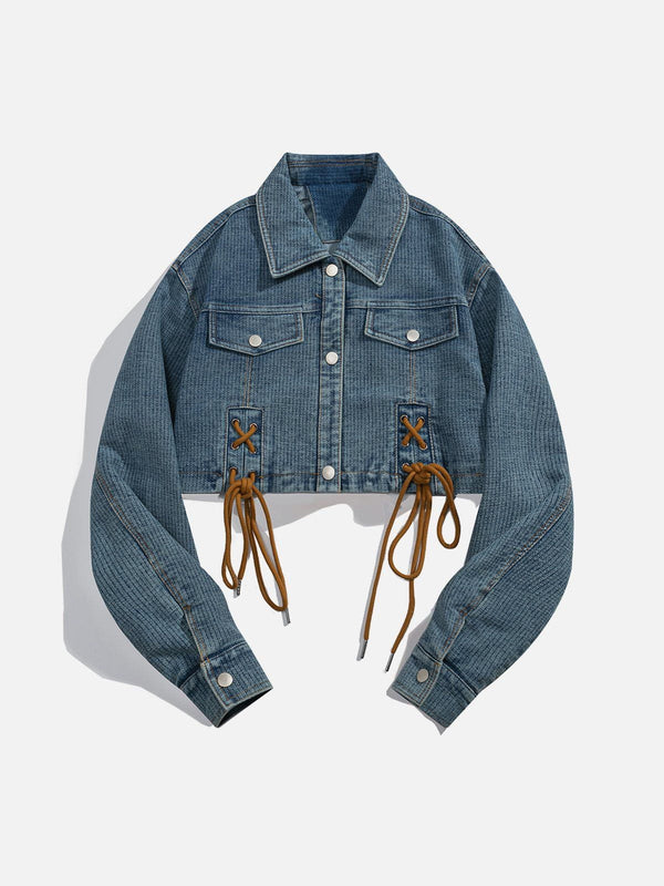 Lacezy - Strappy Patchwork Denim Regular Jacket- Streetwear Fashion - lacezy.com