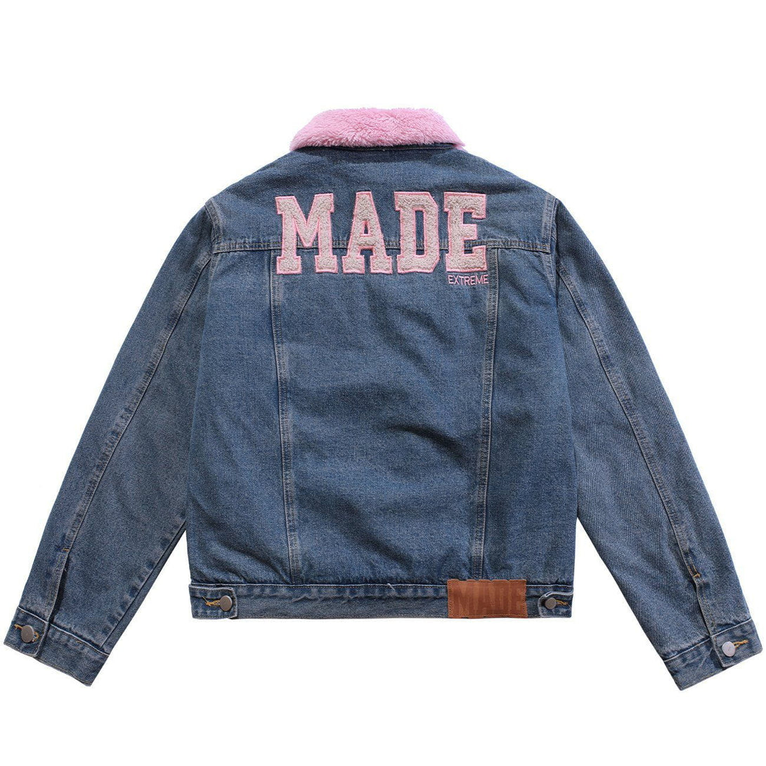 Lacezy - Towel Embroidered Letters Denim Jacket- Streetwear Fashion - lacezy.com