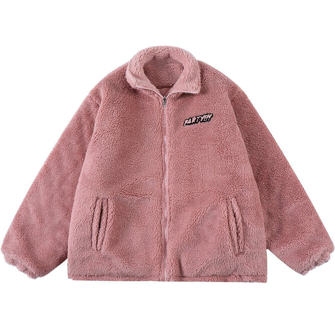 Lacezy - Towel Embroidered Reversible Sherpa Winter Coat- Streetwear Fashion - lacezy.com